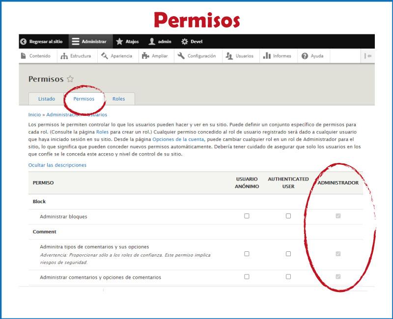 listado de permisos - www.drupaladicto.org Formacion especializada en drupal y symfony
